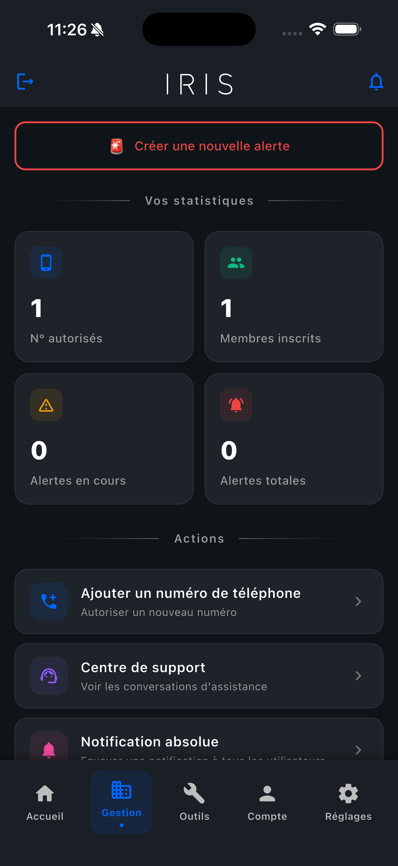 Gestion — mode sombre