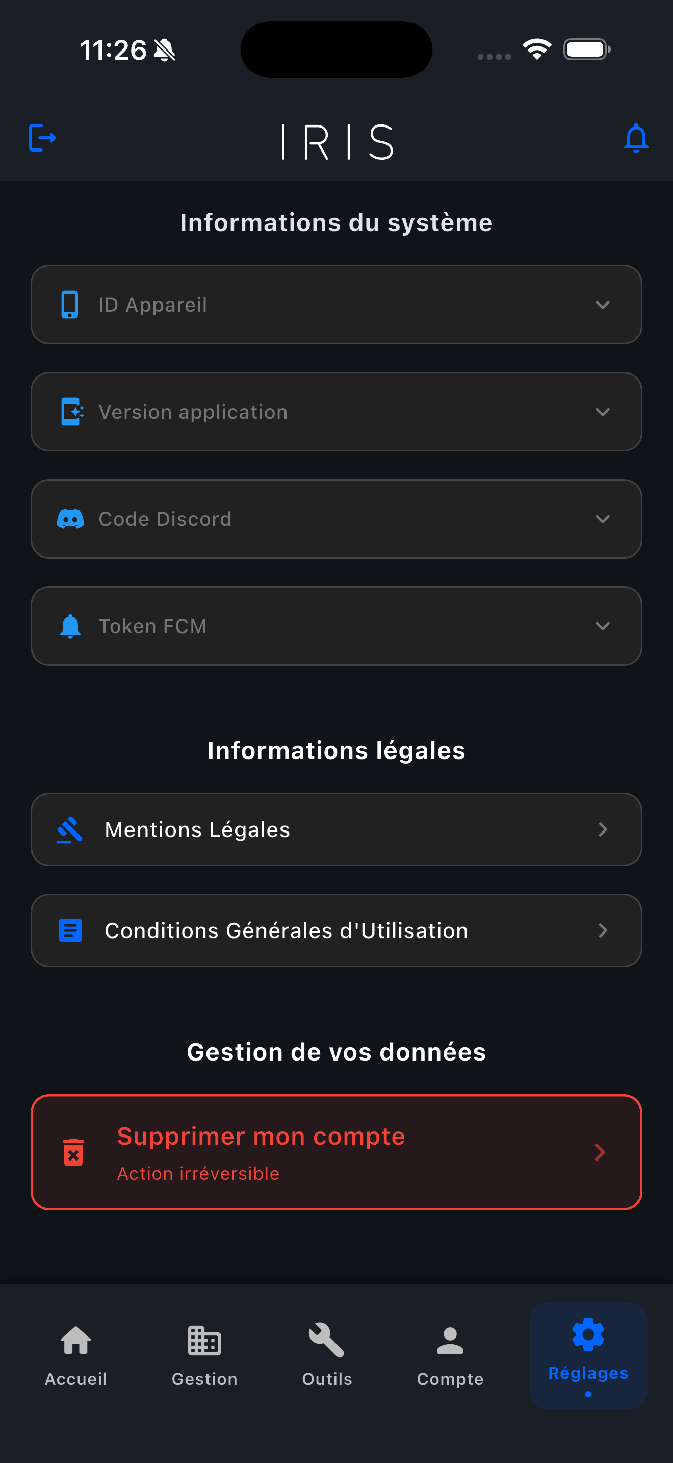 Réglages — mode sombre